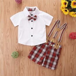 6m-4y Baby Boys Suit Set 2 Pieces Kids Clothes Plaid Turn-down Collar Short Sleeve Shirt Suspender Shorts for Summer Toddler New G1023