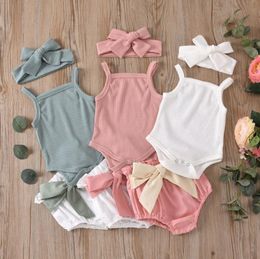 Baby Girl Clothes Girls Suspender Tops Bow Shorts Headband 3pcs Sets Sleeveless Newborn Outfits Summer Baby Clothing 3 Colours DW6479