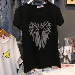 Hiawatha Rhinestone Short Sleeve T-Shirt Women Summer Casual Black Cotton Diamond Tops TX079 210304