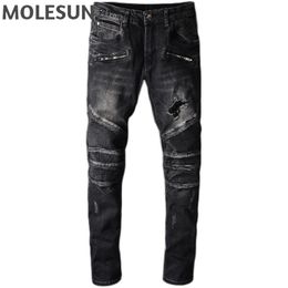 Men's Jeans Fashion Brand Male Pant Trousers High Street Patch Ripped Hole Black Zipper Slim Elastic Pants For Man