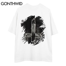 GONTHWID T-Shirts Streetwear Casual Harajuku Gothic Cross Jesus God Print Short Sleeve Tees Hip Hop Loose Fashion Summer Tops C0315