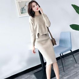 Women's Sweaters 2021 Autumn And Winter Knit Suit Female Solid Colour Long-sleeved Fashion Sweater With Skirt Two-piece
