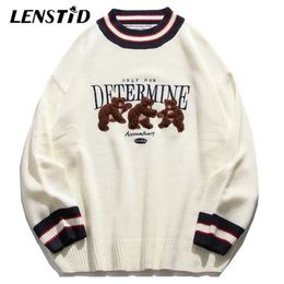 Ленстид Мужчины хип-хоп вязаные джемпера свитера вышивка медведь уличная одежда Harajuku осень повседневная трикотаж пуловеры моды вершины 211008