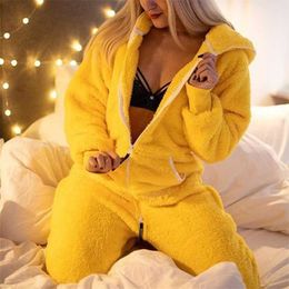 Jump Suits for Women Flannel Zipper Long Sleeve Rompers Comforable Homewear Pyjamas Solid Ladies Hooded Loose Jumpsuits Outfits 211119