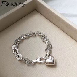 Foxanry 925 Sterling Silver Thick Chain Bracelet Summer Trend Punk Vintage Charm Sweet LOVE Heart Tassel Party Jewellery Gifts