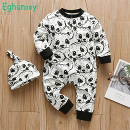 Newborn Baby Boys Rompers Cartoon Panda Patter Long Sleeve Jumpsuit and Hat Infant 2Pcs Boy Clothing Autumn Toddler Clothes 210309