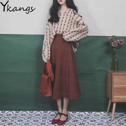 Vintage Women Autumn Winter Plus Size set Rose Flower Long sleeve sweater+red High Waist Pleated skirt Korean Female Sweet suits 210619