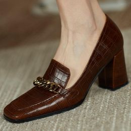 Women's genuine leather thick high heel slip-on pumps Stone pattern patent square toe chain decoration style high heels shoes