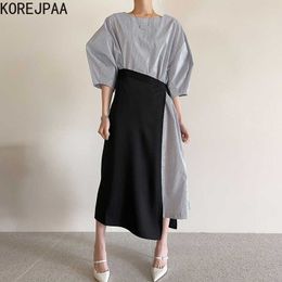 Korejpaa Women Sets Summer Korean Temperament Round Neck Loose Puff Sleeve Striped Dress High Waist Side One Button Apron 210526