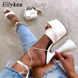 Sandals Eilyken Champagne Roman Strappy Chunky Heels Fashion Peep Toe Ankle Cross Lace-up Platform Sandals Women Shoes Size 42 220310