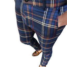 Men's Pants Casual Trousers For Men Business Zipper Closure Male Pencil Slim-fitting Chequered Plaid Office