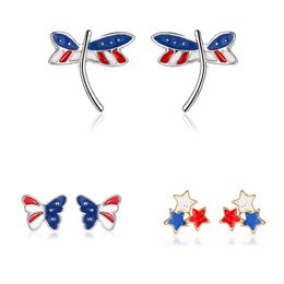 News American Ear Stud Earrings Womens Sweet Colourful Stars Dragonfly Butterfly United States Flag Earrings Jewellery For Girls X0709 X0710