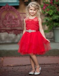 Elegant Red Lace Short Hi-Lo Flower Girl Dress Cute Appliqued Big Bow Princess Girl Birthday Party Gown Girl Formal Wedding Dresses