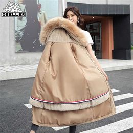 GRELLER Thick Warm Winter Coat Women Jacket Fur Liner Plus Size 4XL Hooded Female Long Parkas Snow Wear Padded Clothes 211216