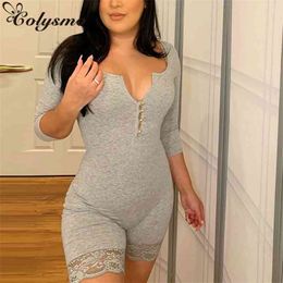 Colysmo Casual Playsuit Women Autumn Blue Solid Long Sleeve Spliced Lace Bodycon Romper Sexy Slim Fit Streetwear 210527