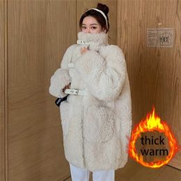Bella Women Casual Thick Warm outwear Long Faux Lamb Fur Jacket Loose Winter Coat Black coat 211220
