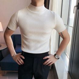 New 2021 Summer Short Sleeve Knitted Sweater Men Clothing Solid All Match Slim Fit Stretched Turtleneck Casual Pullovers Y0907