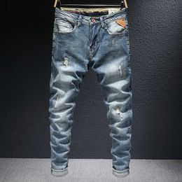 Italian Style Fashion Men Jeans High Quality Retro Blue Elastic Cotton Ripped for Vintage Designer Slim Denim Pants YN86