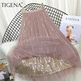 TIGENA 4 Layers Fashion Sequin Tulle Skirt Women Spring Summer Korean Long Maxi Skirt Female High Waist Pleated Skirt Pink 210310