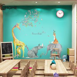 Forest Animal Large Giraffe Elephant Fox Tree Wall Stickers for Kids Room Children Wall Decal Nursery Bedroom Decor Poster Mural 210308