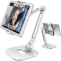 Long Arm Aluminium Tablet Stand, Folding iPad Stand with 360° Swivel iPhone Clamp Mount Holder, Fits 4-11" Display Tablet