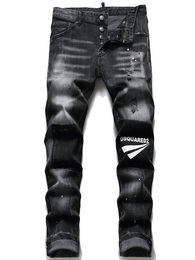 Mens Ripped Stretch Black Jeans Fashion Slim Fit Paint Inkjet Print Denim Pants Hip Hop Trousers Pantalones De Hombre