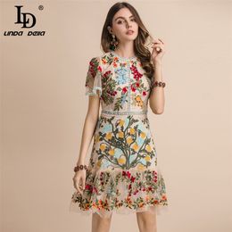 LD LINDA DELLA New Fashion Runway Summer Dress Women's Flare Sleeve Floral Embroidery Elegant Mesh Hollow Out Midi Dresses 210303