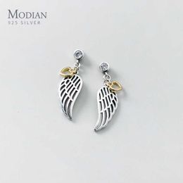 Round Zircon Gold Color Heart with Hollow Out Wings Hight Quality 925 Sterling Silver Drop Earring for Women Fine Jewelry 210707