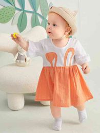 Baby Cartoon Panel Color Block Flounce Sleeve Dress SHE