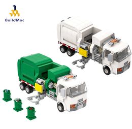 BuildMoc Technical Green White Car Garbage Truck City Cleaner Children Diy Toy Building Blocks New Year Gift Model Set Q0624