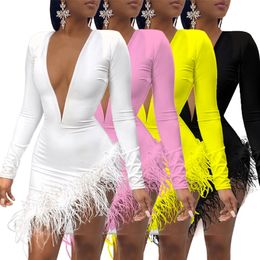 Women Spring Winter Mini Dress O-Neck Mesh Feather Patchwork Sexy Night Club Party Bandage Street Bodycon Dresses 210303