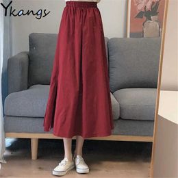Vintage Red High Waist Long Skirt For Students Women Wild Simple Solid A-Line Skirt Summer Korean Fashion Daily Streetwear 210619