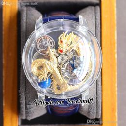 Astronomia Tourbillon 18K Yellow Gold Dragon Swiss Quartz Mens Watch Pave Piece Unique Fully Transparent Glass 3D Engraving Blue Leather Super Edition Puretime01 3