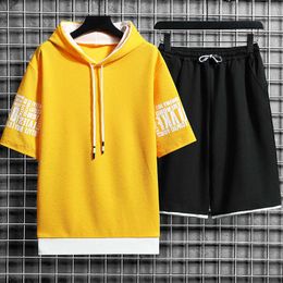 Mens Casual Sets Fashion Outdoor Sportwear Man Clothing Hooded Sweatshirt Short Sleeve T-shirt Shorts Tracksuit Summer 2 Pcs Set Y0831