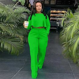 Women Sets Solid Colour Tracksuits Fall Winter Outfits Long Sleeve Crop Top+Wide Leg Pants Two Piece Set Plus Size Sportswear 211109