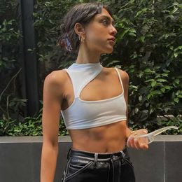 Missakso Straps Cut Out Women Crop Top White Streetwear Club Summer Sexy Sleeveless Backless Female Black Tank Tops 210625