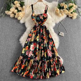 Fashion Flower Print Holiday Dress Women's Summer Square Collar Sleeveless Slim Elegant Vestidos De Mujer S455 210527