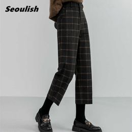 Seoulish Autumn Winter Woolen Plaid Women Formal Straight Pants High Waist Ankle-Length Chic Loose Ladies Pants Pocket 211006