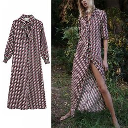 Women Long Za Autumn Print Dress Elegant Midi Dress Tied Lapel Collar Long Sleeve Elastic Cuff Female Vintage Dresses 210309