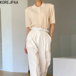 Korejpaa Women Sets Summer Korean Chic Temperament Lapel Single-Breasted Knit Sweater High-Waist Straight-Leg Casual Pants 210526