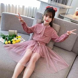 Fashion Kids Girls Skirt Set Autumn Children Long Sleever Velvet Suit Solid Color Blouse and Lace 2pcs Sets 4 8 12 Years 210622