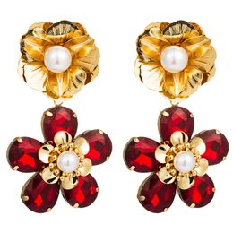 High-quality Vintage Red Rhinestones Long Earring Crystal Flower Drop Earring Fashion Gold Jewellery Accessories For Women