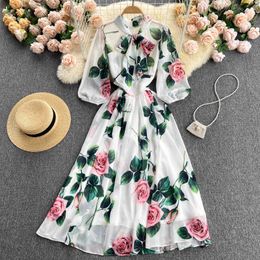 White Floral Printed Long Dress Women Bow Collar Puff Sleeve A-Line Chiffon Vestidos Spring Autumn Casual Robe Female 2021 New Y0603