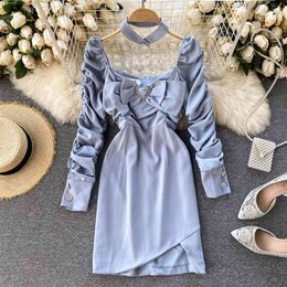 Women's Dress Fashion Autumn and Winter Square Neck Wrinkle Long-sleeved Sexy Solid Colour Package Hip Vestidos Q535 210527