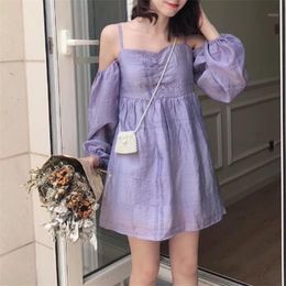 Women's Blouses & Shirts 2021 Summer Style Fried Fairy Taro Purple Off-the-shoulder Mid-length Sling Bubble Sleeve Shirt Female Top