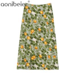 Summer Elegant High Waist Skirts Chiffon Midi Casual Women Lemon Green Fruit Print Female Split Bottoms 210604