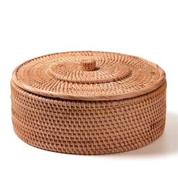 Hand-woven Basket Primary Colours Simple retro Rattan Storage Boxes with lids Jewellery Tea set Storage Boxes Household items 210315