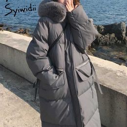 Syiwidii Women's Winter Jackets Thicken Warm Long Coat with Fur Collar Hood Korean Fashion Black Oversized Outerwear 211216