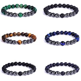 8mm Natural Stone Strands Silver Plated Beaded Charm Bracelets Handmade Elastic Bangle Party Yoga Jewellery For Women Men