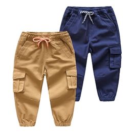 Spring Autumn Casual 3 4 6 8 10 Years Children's Solid Trousers Big Pocket Drawstring Long Cargo Pants For Kids Baby Boys 210701